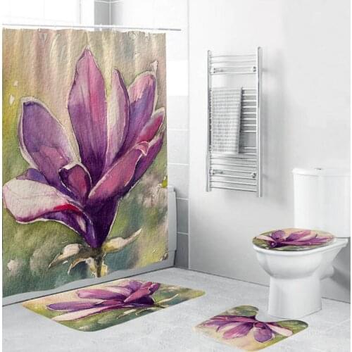 Beautiful Purple Flowers Fabric Shower Curtains Oil Painting Bathroom Curtain Anti-skid Rugs Toilet Lid Cover Bath Mat Set