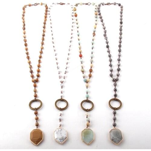 Fashion Jewelry 6mm Natural Stone Rosary Chain And Glass Bead Stone Pendant Necklaces Women Ethnic Necklace