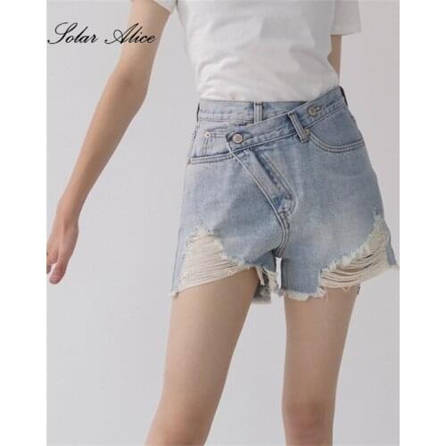 Free Shipping 2021 Womens Summer New Denim Shorts Mid-Waist Irregular Placket Shackle Torn Edge Casual Jeans