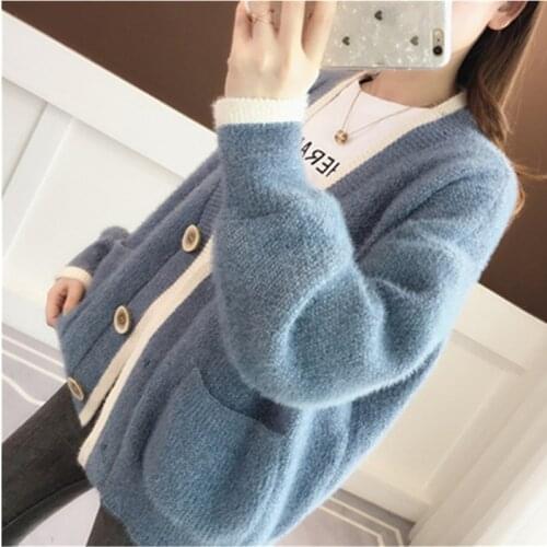 2021 Spring Autumn Women Knit Sweater Imitation Mink Blue Red Wool Cardigan Casual Pocket Outwear Students Thick Loose Outerwear