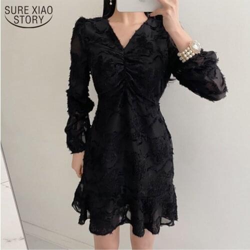 Summer Dress 2021 Spring Sexy Puff Long Sleeve Ruffle Lace Dress V-neck Tassel Pleated Elegant Slim Waist Dresses Womens 13270