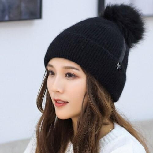 Winter Thickening Rabbits Hair Knitting Hats Ma'am Solid Color Patch Swan Earmuffs Wool Hats