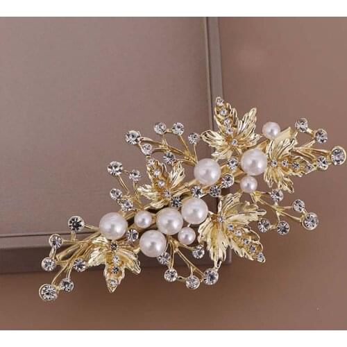 1pair Exquisite Imitation Pearl Leaves Hairclips for Bride Luxury Diamond Tiaras Korean Elegent Women Hair Accessories BN