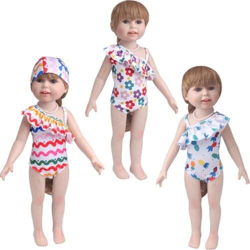 18 inch Girls doll swimwear Print halter one-piece swimsuit and cap American newborn skirt Baby toys fit 43 cm baby dolls c889