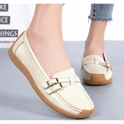 2021 New Genuine Leather Shoes Woman Slip On Women Flats Moccasins Womens Loafers Spring Autumn Mother Shoe Big Size 35-41