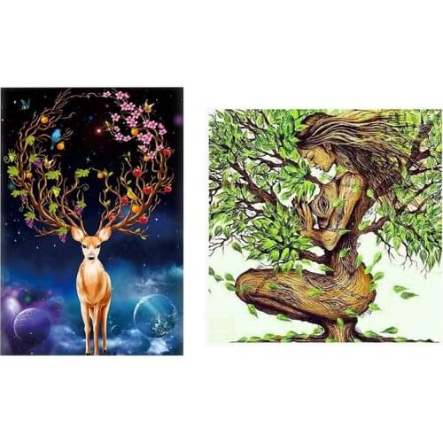 5D Diy Diamond Painting Deer Scenery & 5D Full Square Kits Rhinestones Diamond Embroidery Tree Mothers Day Gift