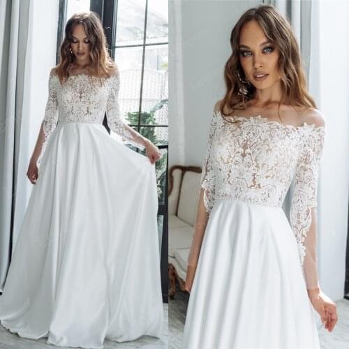 Satin Long Sleeves Beach Wedding Dresses 2021 Lace Appliques A Line Formal Bohemia Boho Bridal Gowns for Bride Vestidos De Novia