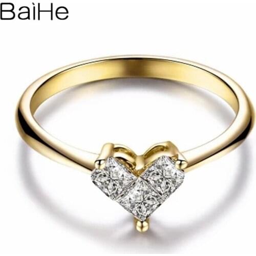 BAIHE Solid 18K Yellow Gold 0.45ct H/SI Princess Three Natural Diamonds Engagement Women Trendy Fine Jewelry Diamond Heart Ring