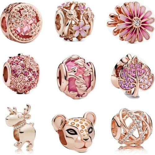 Free Shipping 100% 925 Sterling Silver Rose Gold Pink Daisy Flower Charm Fit Pandora Bracelet Simba Charm Bead DIY Jewelry