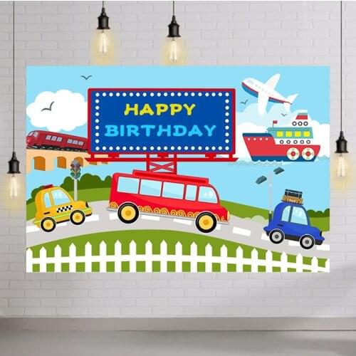 Cartoon Train Cars Boys Birthday Party Backgrounds for Photo Studio Blue Sky Clouds Green Grass Custom Backdrop