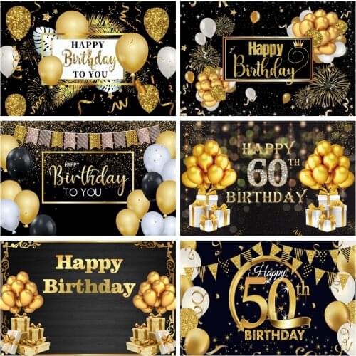 Laeacco 30 40 50 60 Birthday Party Backgrounds For Photography Golden Balloons Gifts Glitters Flags Party Custom Banner Backdrop