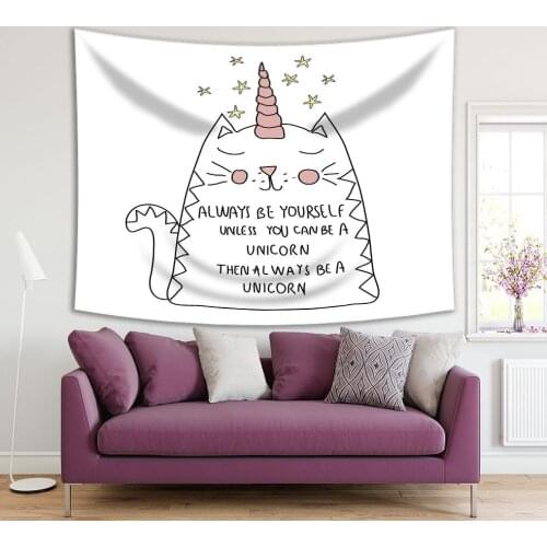 Tapestry "Always Be Yourself unless You Can Be A Unicorn" Cat Motif with Stars Motivating Quote Yellow Pink kids