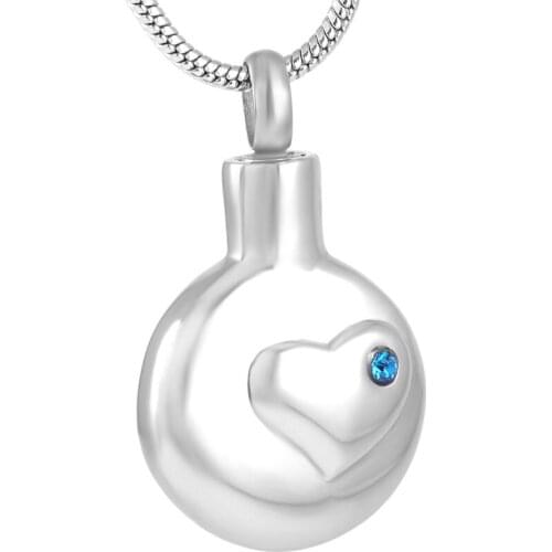 IJD9174 The Little Heart On The Round Memorial Urn Pendant With One Crystal Keepsake Cremation Jewery Necklace Stainless Steel