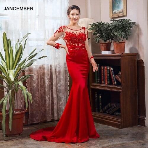 J66643 jancember elegant mermaid evening dresses for women 2020 boat neck red wedding party dresses with train robe de soiree