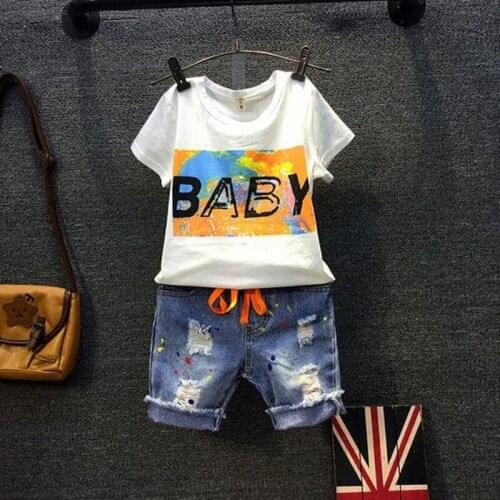 DFXD Children Clothes Set 2018 New Fashion Summer White Short Sleeve O-neck Letter T-shirt+Ripped Jeans Pant 2pcs Boys Sets 2-7Y