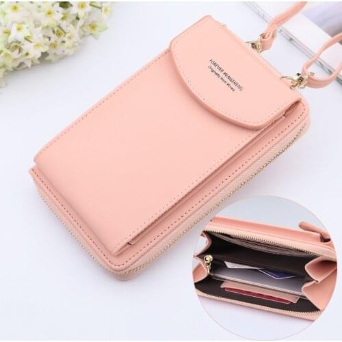 New Women Purses Solid Color Leather Shoulder Strap Bag Mobile Phone Big Card Holders Wallet Handbag Pockets for Girls