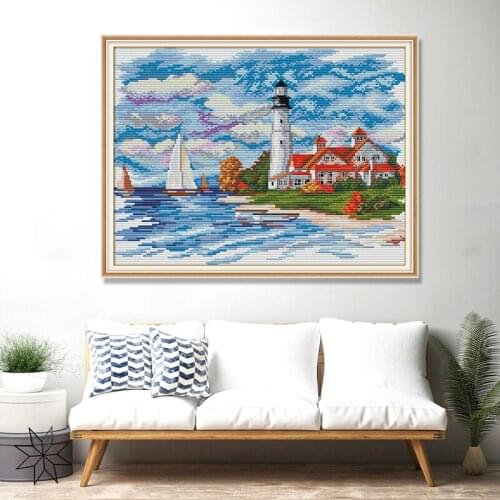 Lighthouse coast cross stitch seaside scenery embroidery set 11CT 14CT white cloth printing needlework home decoration painting