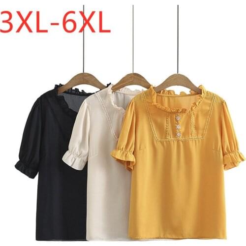 New 2021 Ladies Summer Plus Size Tops For Women Large Blouse Short Sleeve Loose Ruffles Yellow Chiffon Shirt 3XL 4XL 5XL 6XL