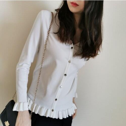 2021 New Spring Black/Waite Ruffles Full Sleeves Cardigans Thin Knitted Sweater UK Fashion