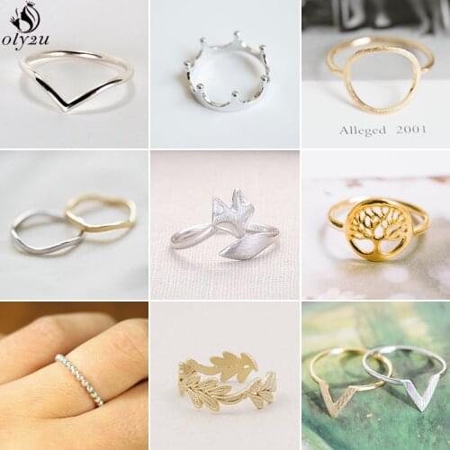 Oly2u Simple Silver Plated Fox Ring Geometric Wave Round Circle Leaf Finger Rings for Women Everyday Jewelry Ringen Party Gift