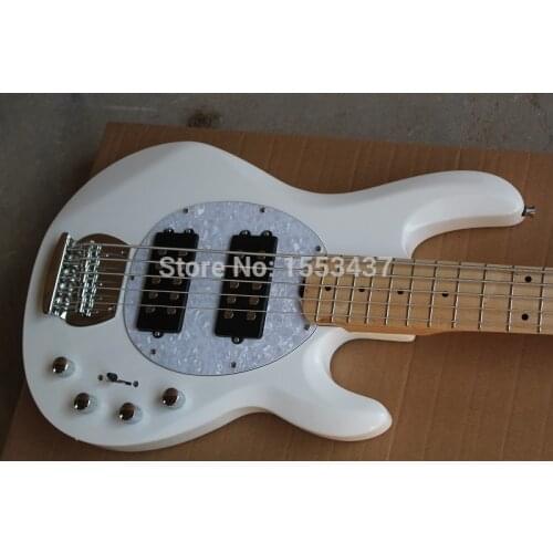 Wholesale White Music Man 5 Strings Electric Bass guitar with initiative to pickups 9V battery guitar 1112