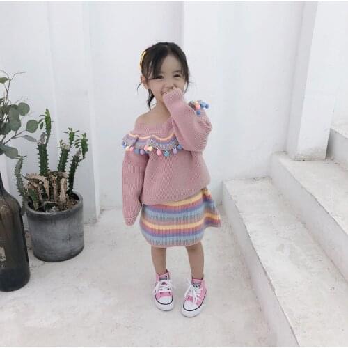 Autumn Winter Baby Girls Clothes 2pcs Set Cotton Ball Sweater Knitwear+Colorful Striped Skirt Children Girls Outfits 24M-6T