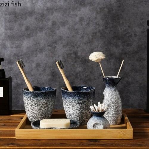 Simplicity Bath Set Toothbrush Holder Mouthwash Cup Soap Dish Storage Tray Painted Underglaze Porcelain Bathroom Accessories