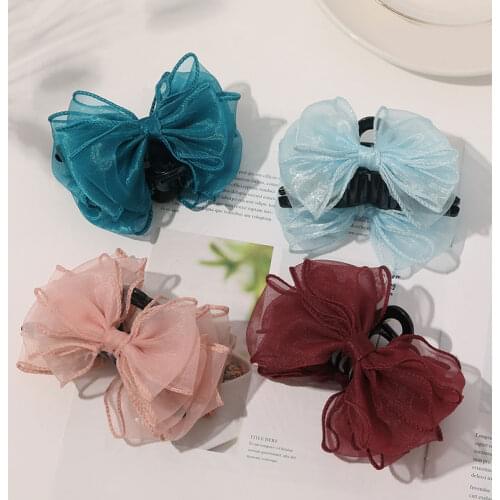 Organza Yarn Ribbon Bow Hair Claws Fashion Elegant Bownot Hairpin Hair Bands Girls Solid Color Barrettes Hair Accessories