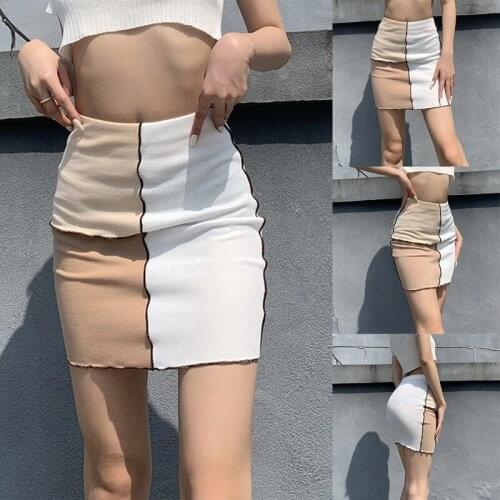 Womens Fashion Stitching Color High Waist Skirt Slim Skinny Short Skirt Khaki