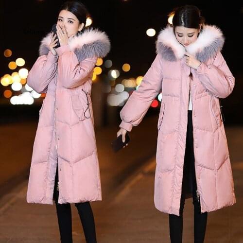 Women Cotton Coats Autumn Winter Pink Fur Collar Hooded Collar Fashion Long Jackets Female Wear Parkas Plus Size