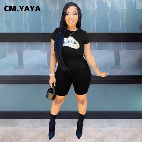 CM.YAYA Women Set Print Short Sleeve T-shirts Elastic Shorts 2 Piece Set Casual Tracksuits Summer High Street Outfit Summer 2021