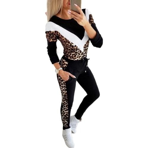 Female Sport Outfits 2 Piece Set Women Tracksuit Autumn CA Clothes Leopard Printed Splicing Sweatshirt Top + Pants Jogging Suits
