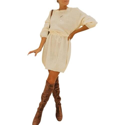 Y2K Women Simple Style Knitted Dress Round Collar Balloon Sleeves Solid Color S/ M/ L/ XL