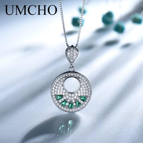 UMCHO Nano Emerald 100% 925 Sterling Silver Round Green Gemstone Girl Pendant Necklace For Women Party Rock Fashion Fine Jewelry