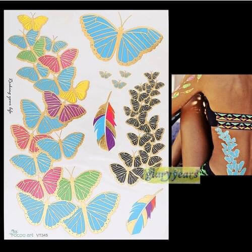 1PC Flash Gold Silver Metallic Waterproof Tattoo Women Henna VT345 Red Blue Yellow Butterfly Feather Temporary Tattoo Sticker