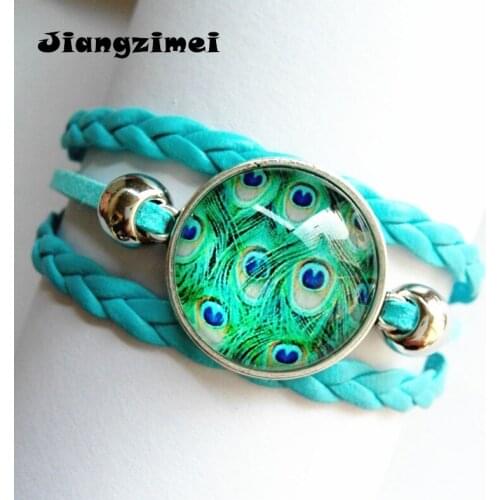 1pc Jiangzimei Peacock feathers leather bracelet Cartoon silver bracelets Glass Round Dome bracelet