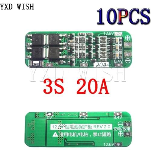 10pcs 3S 20A Lithium Battery 18650 Charger PCB BMS Protection Board 18650 Li-ion Battery Cell Charging Module 11.1V 12V 12.6V