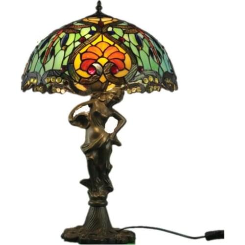16" Handmade Art Tiffany Colorful Green Glass Table Lamp for Foyer Apartment bar Bed Room Reading Lighting H 65cm 1024