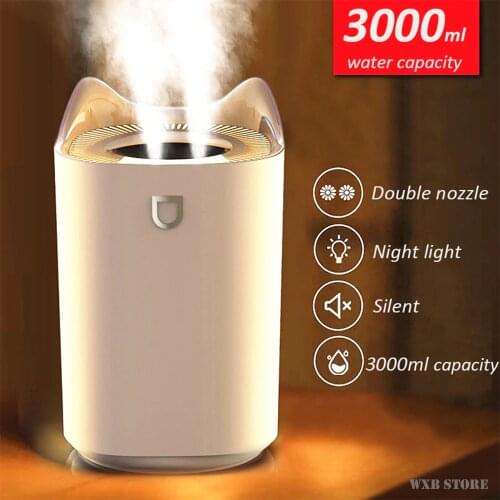3000ML Home Air Humidifier Double Nozzle Cool Mist Aroma Diffuser with Coloful LED light Heavy fog Ultrasonic USB Humidificador