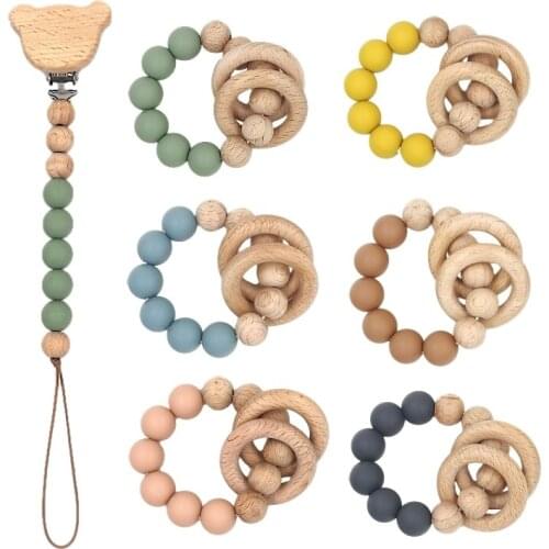Baby Silicone Beech Wood Pacifier Chain Teething Toy Set Dummy Holder Toddler Teether Newborn DIY Baby Gift