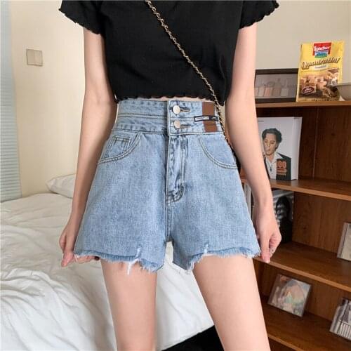 New 2021 Fashion Women Denim Shorts Jeans Blue Tassel High Waist Straight Slimming All-match Loose Retro Street Girl Summer