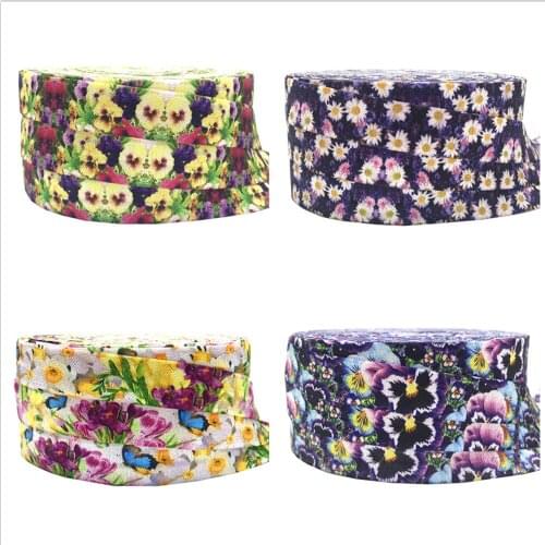 5Yards 16mm Multi Flowers Daisy tulip Butterfly printing Fold Over Elastic Baby Headband Hair Accessories Craft Supply