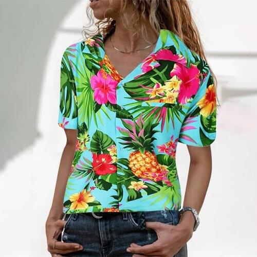 Womens Hawaiian Shirt Fashion Blouse Frontpocket Leaves Flowers Pineapple Print Shirts Blouses Mujer Short Sleeve Casual Tops