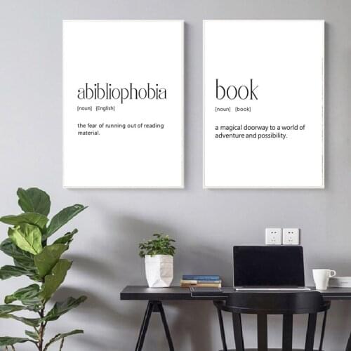 Book Reader Lover Gift Book Quote Black White Poster Abibliophobia Definition Prints Librarian Gifts Wall Art Canvas Paintings