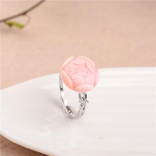 Natural Pink Queen shell pearl rings flower stone 12mm S925 silver open adjustable ring women fashion jewelry gift