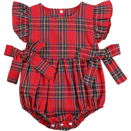 Summer Baby Girl Plaid Print Sleeveless Jumpsuit with Bow-knot, Ruffle Sleeve O-neck Tops, Button-up Clothing Chrisrmas Style