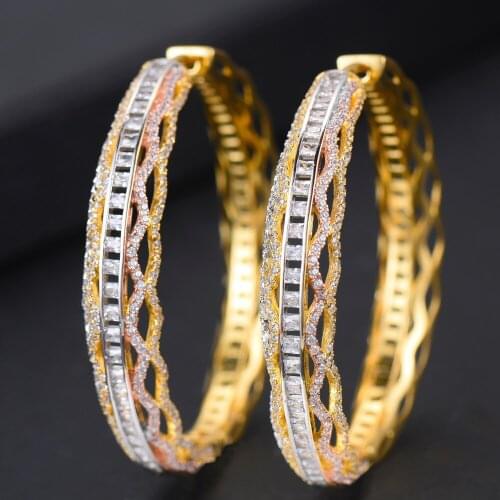 LARRAURI 3 Tone Zircon CZ Luxury Hollow Round Hoop Earrings Full Zircon For Womens Party Wedding Bride Ear Earring Gift 2019