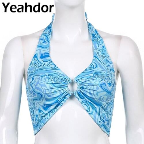 Fashion Women One Piece Summer Outfit Tanks Tops Streetwear Sleeveless Halter Neck Swirl Pattern Print O-ring Front Crop Top