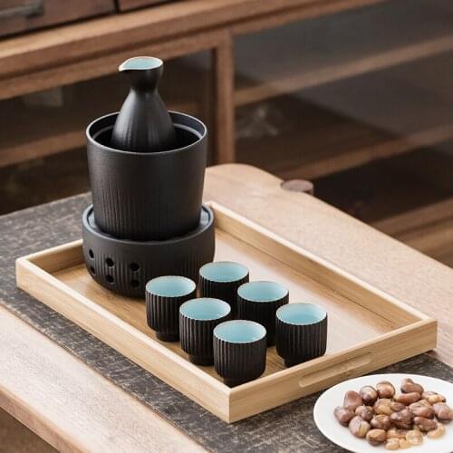 Chinese style white yellow rice wine set ceramic wine pot cup warmer bamboo tray wineware Japanese sake set