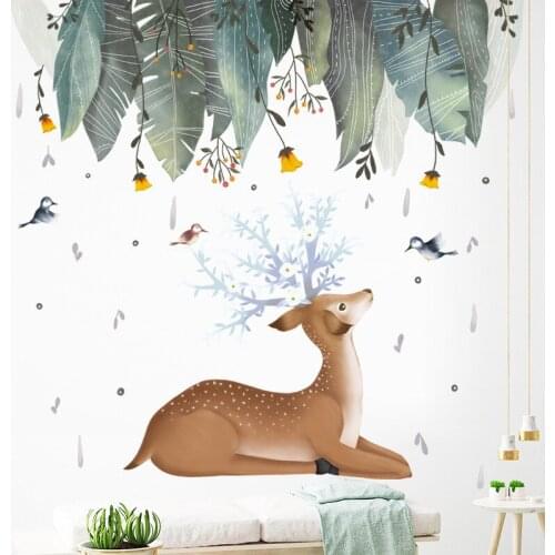 Wall stickers leaf deer small fresh pastoral corner line living room bedroom study self-adhesive wall paper waterproof